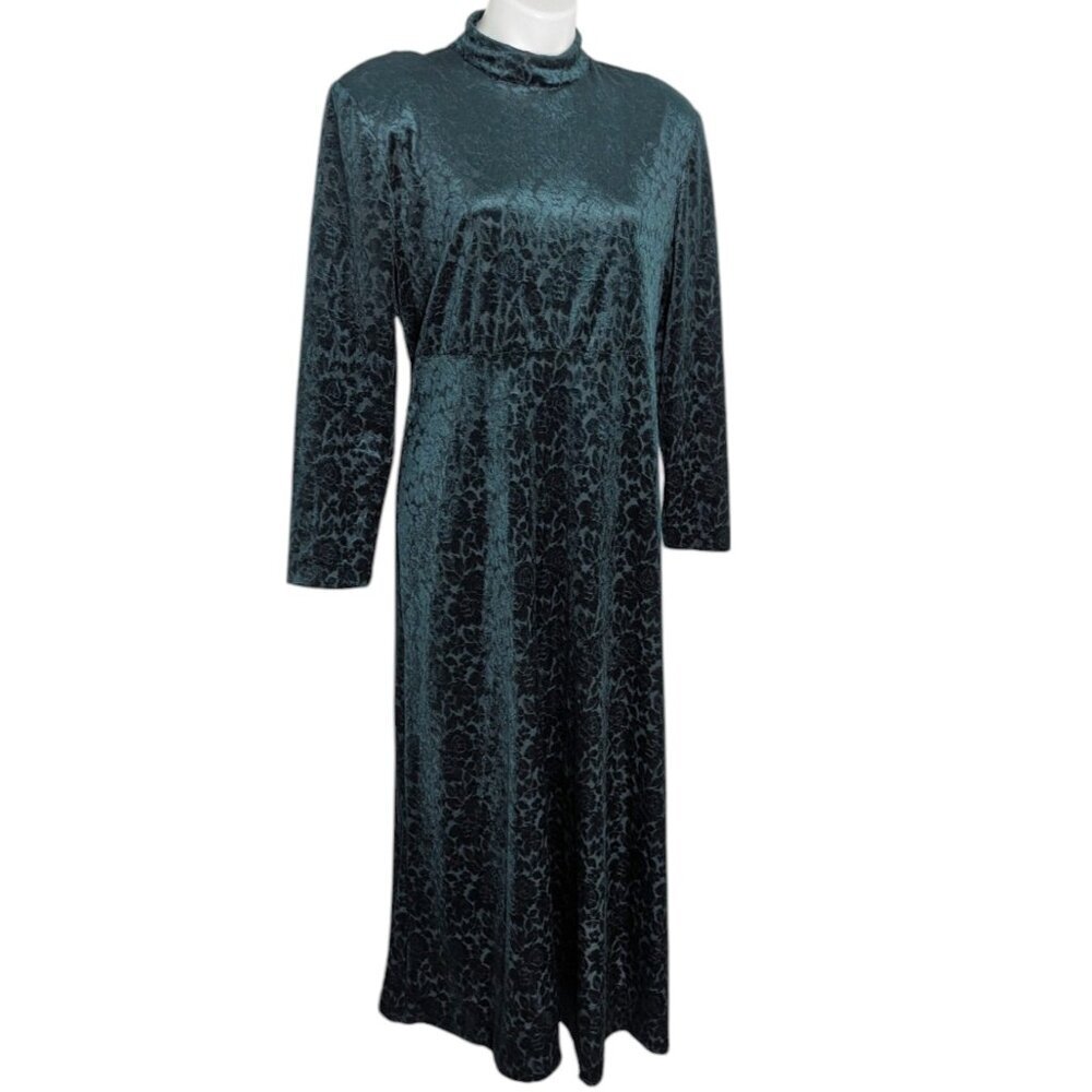 VTG Deep Green Velvet Burnout Floral Semi Sheer High Neck Long Sleeve Maxi Dress